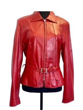 Danier Red Leather Belted Moto Jacket